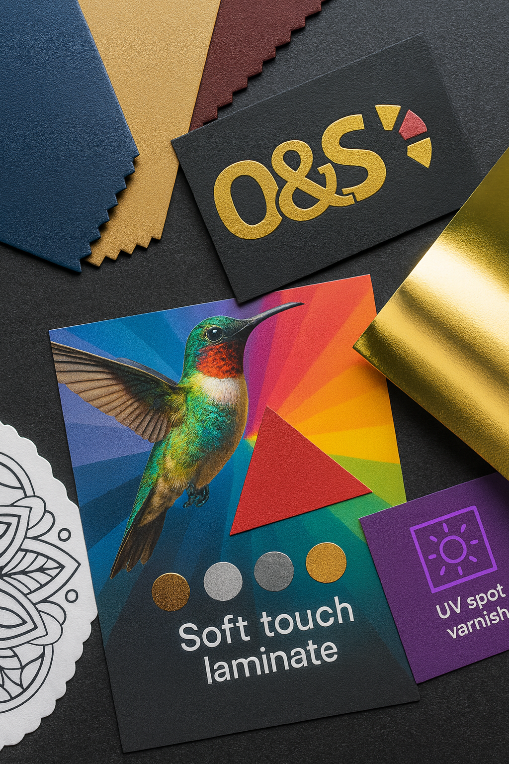 Ejemplos de impresiones de alta calidad: tarjetas, catálogos y pendones.